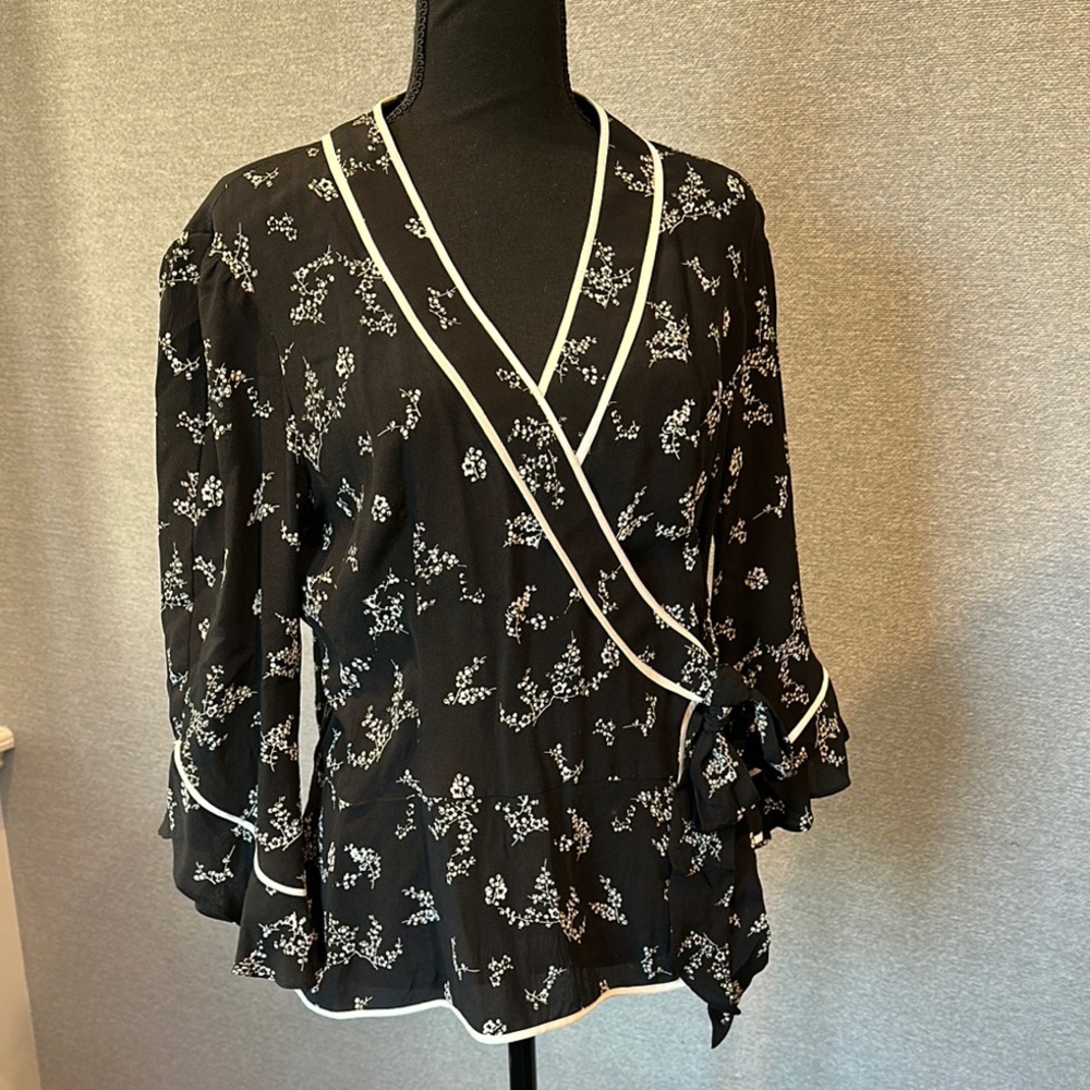 Nanette Lepore Black and White Ruffled Wrap Blouse